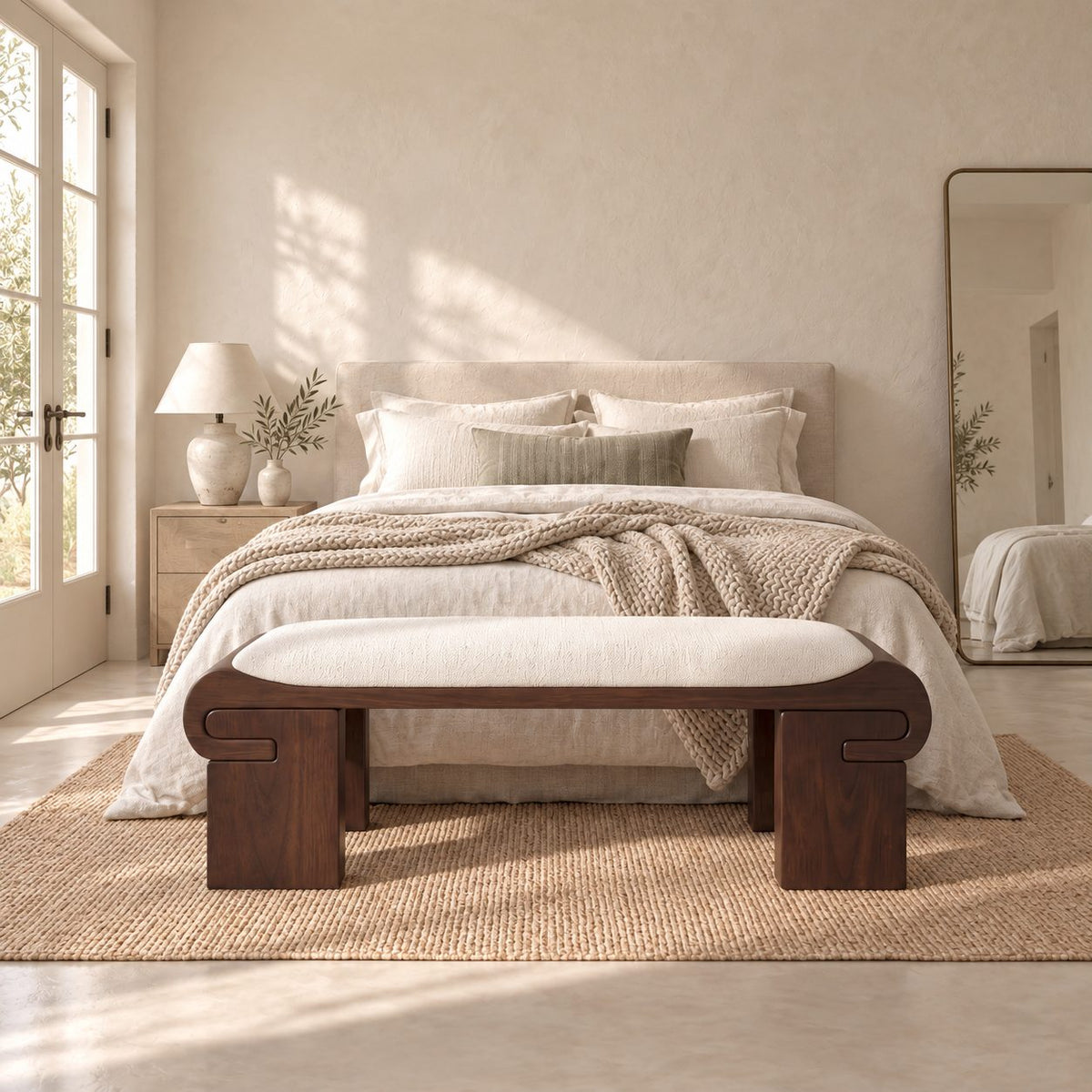 Scroll End Block Leg Bench, Modern Low Profile Solid Wood Bench for Dressing Room and Bedroom