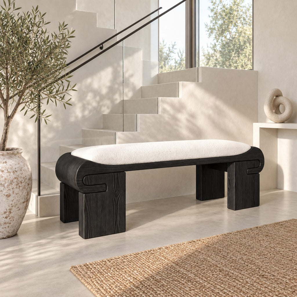 Scroll End Block Leg Bench, Modern Low Profile Solid Wood Bench for Dressing Room and Bedroom