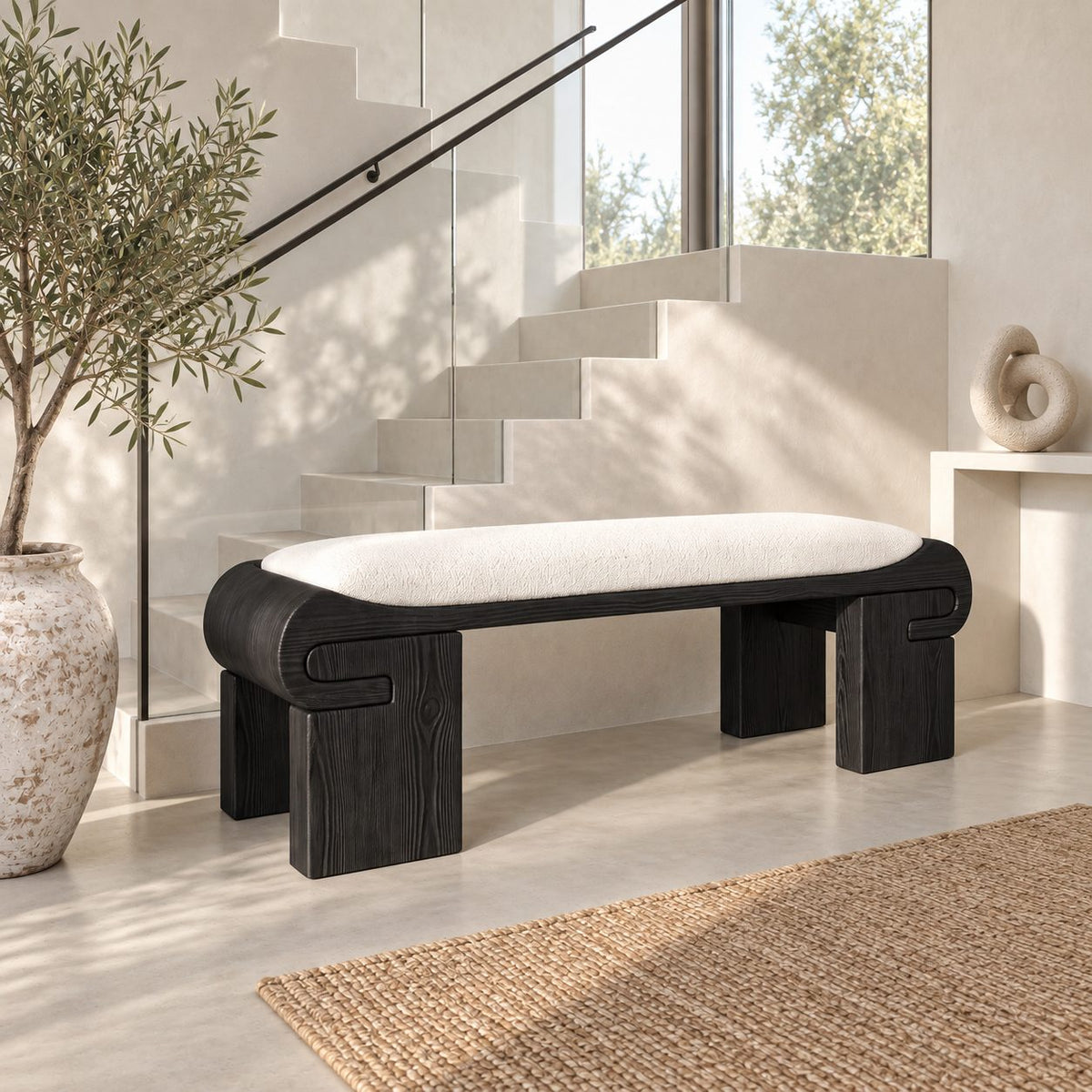 Scroll End Block Leg Bench, Modern Low Profile Solid Wood Bench for Dressing Room and Bedroom