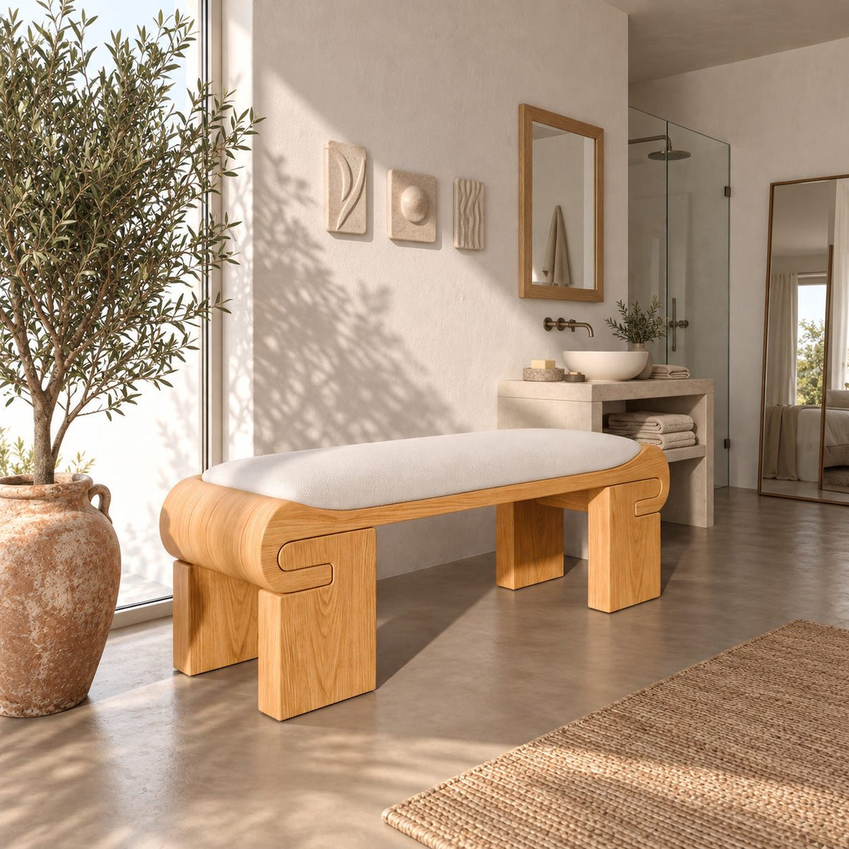 Scroll End Block Leg Bench, Modern Low Profile Solid Wood Bench for Dressing Room and Bedroom