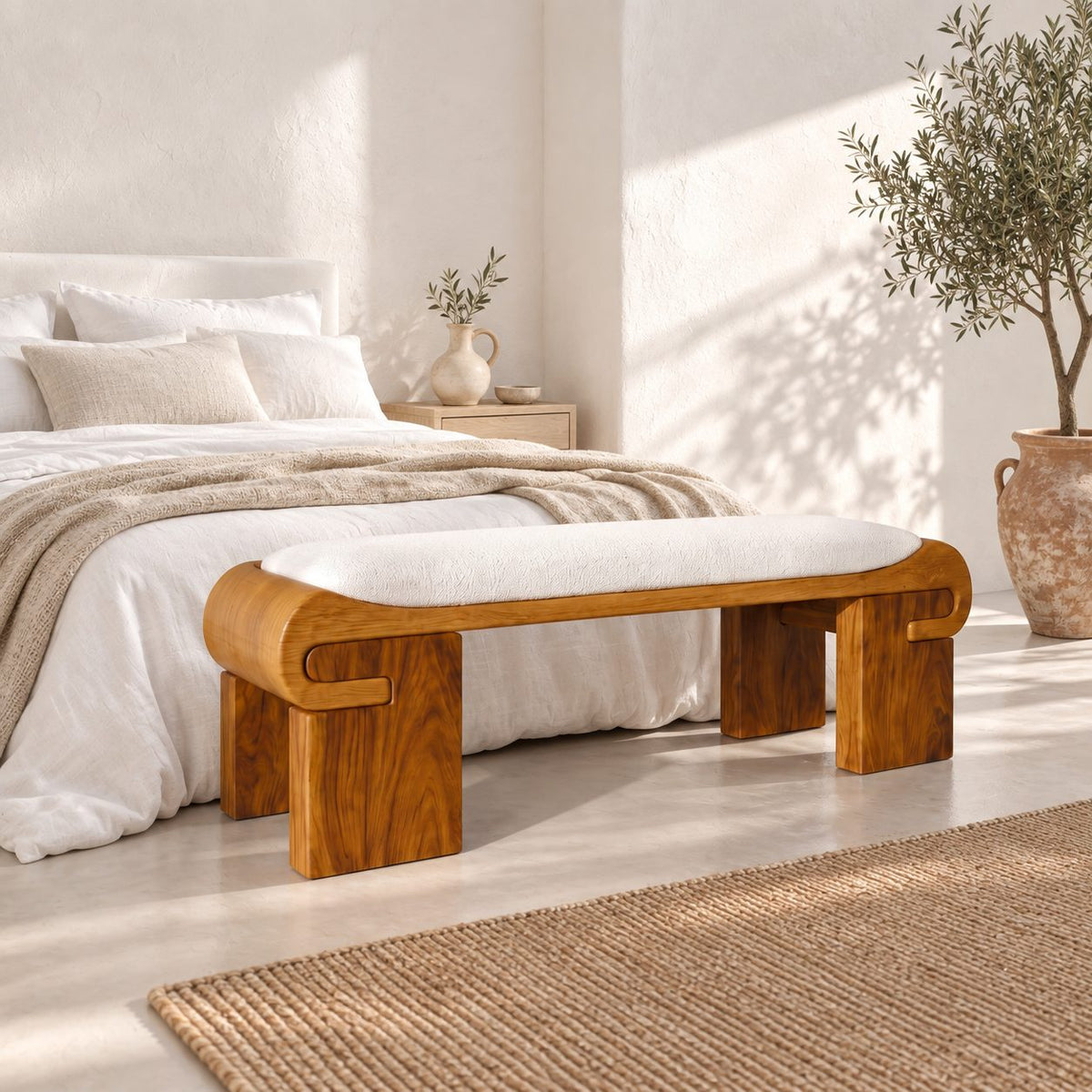Scroll End Block Leg Bench, Modern Low Profile Solid Wood Bench for Dressing Room and Bedroom