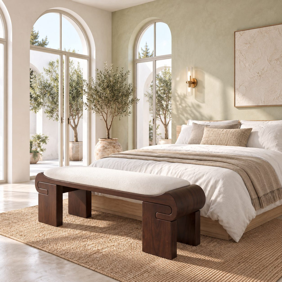 Scroll End Block Leg Bench, Modern Low Profile Solid Wood Bench for Dressing Room and Bedroom