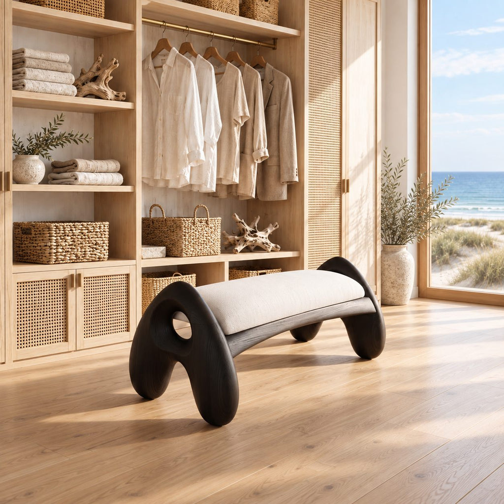 Rounded A Leg Bench, Minimalist Solid Wood Bedroom and Dressing Room Bench with Porthole Legs