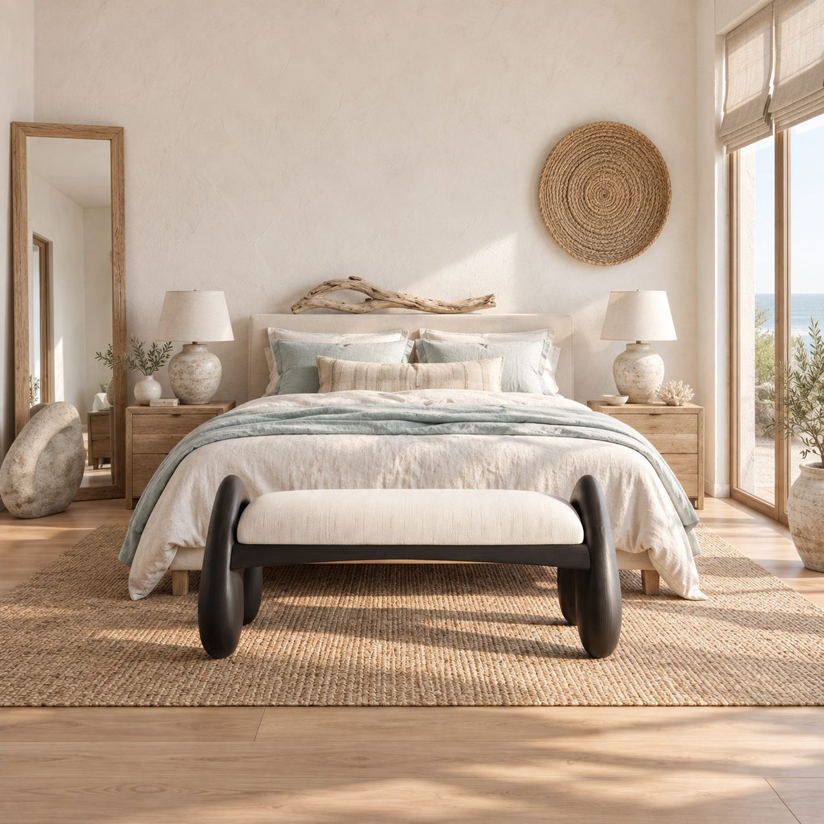 Rounded A Leg Bench, Minimalist Solid Wood Bedroom and Dressing Room Bench with Porthole Legs