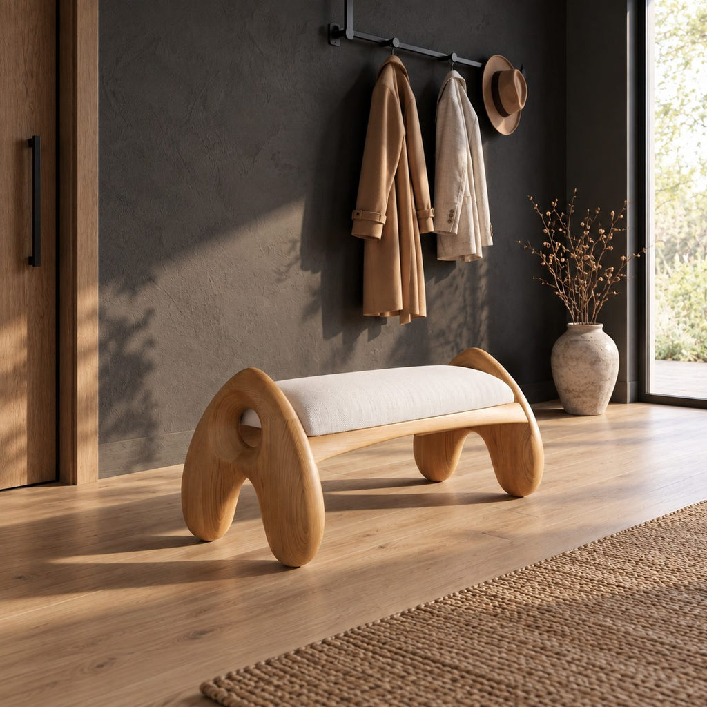 Rounded A Leg Bench, Minimalist Solid Wood Bedroom and Dressing Room Bench with Porthole Legs