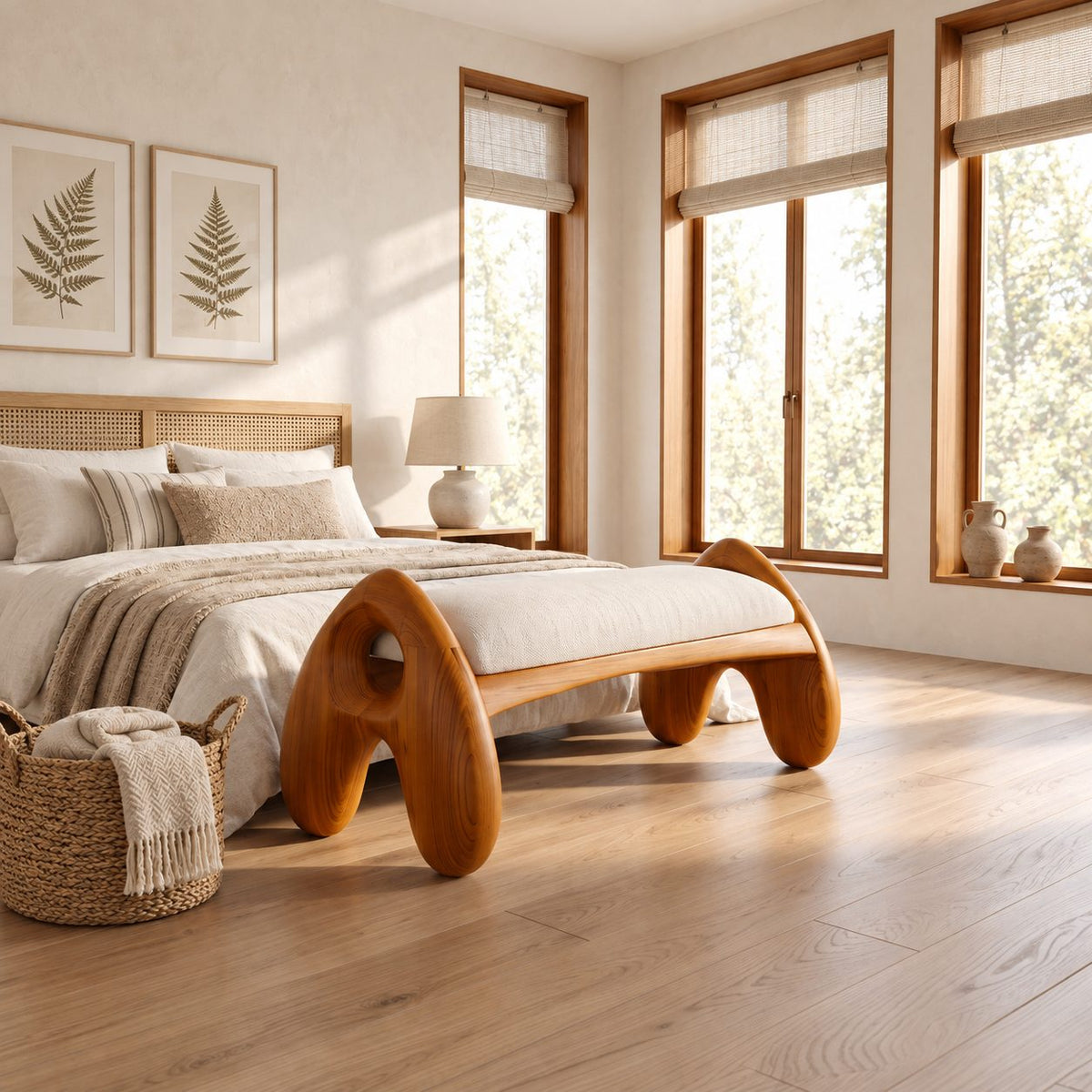 Rounded A Leg Bench, Minimalist Solid Wood Bedroom and Dressing Room Bench with Porthole Legs