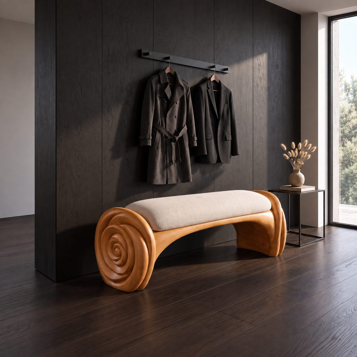 Carved Spiral Rosette Bench, Natural Solid Wood Accent Bench with Coiled Petal Ends