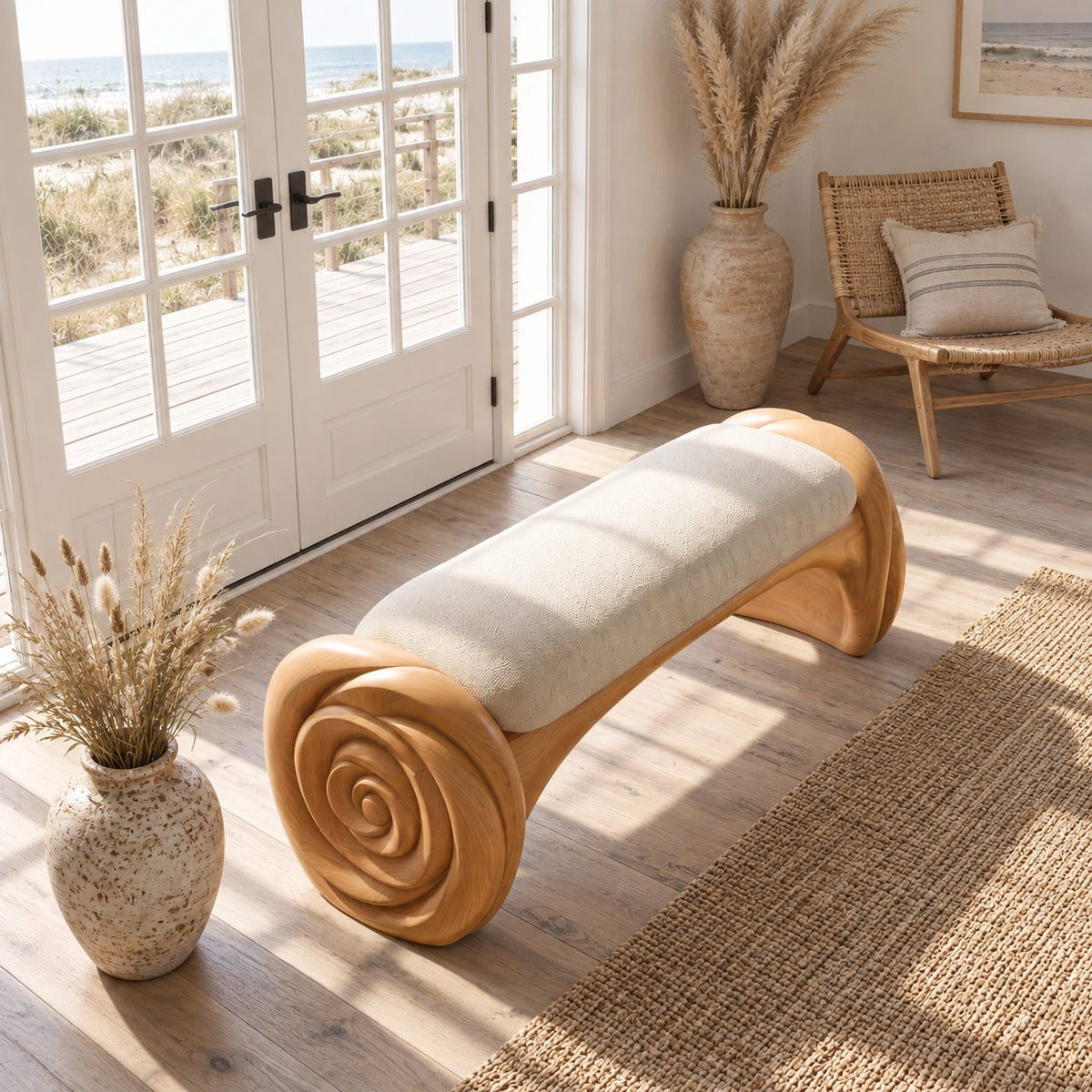 Carved Spiral Rosette Bench, Natural Solid Wood Accent Bench with Coiled Petal Ends