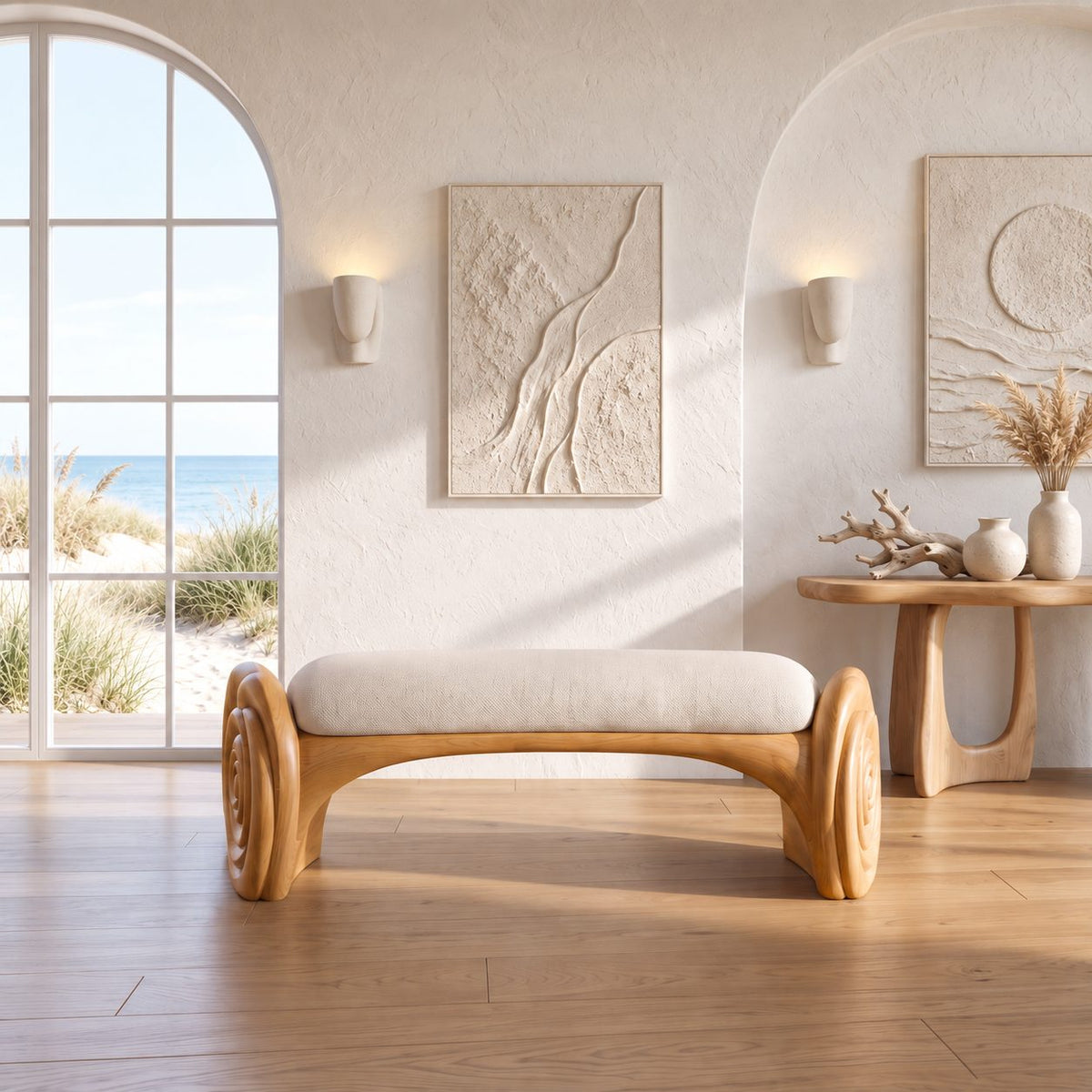 Carved Spiral Rosette Bench, Natural Solid Wood Accent Bench with Coiled Petal Ends