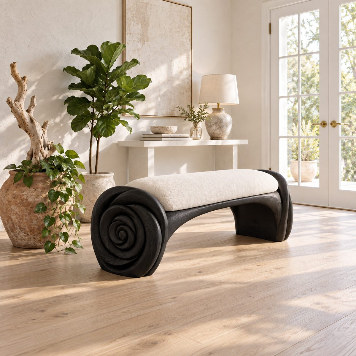 Carved Spiral Rosette Bench, Natural Solid Wood Accent Bench with Coiled Petal Ends