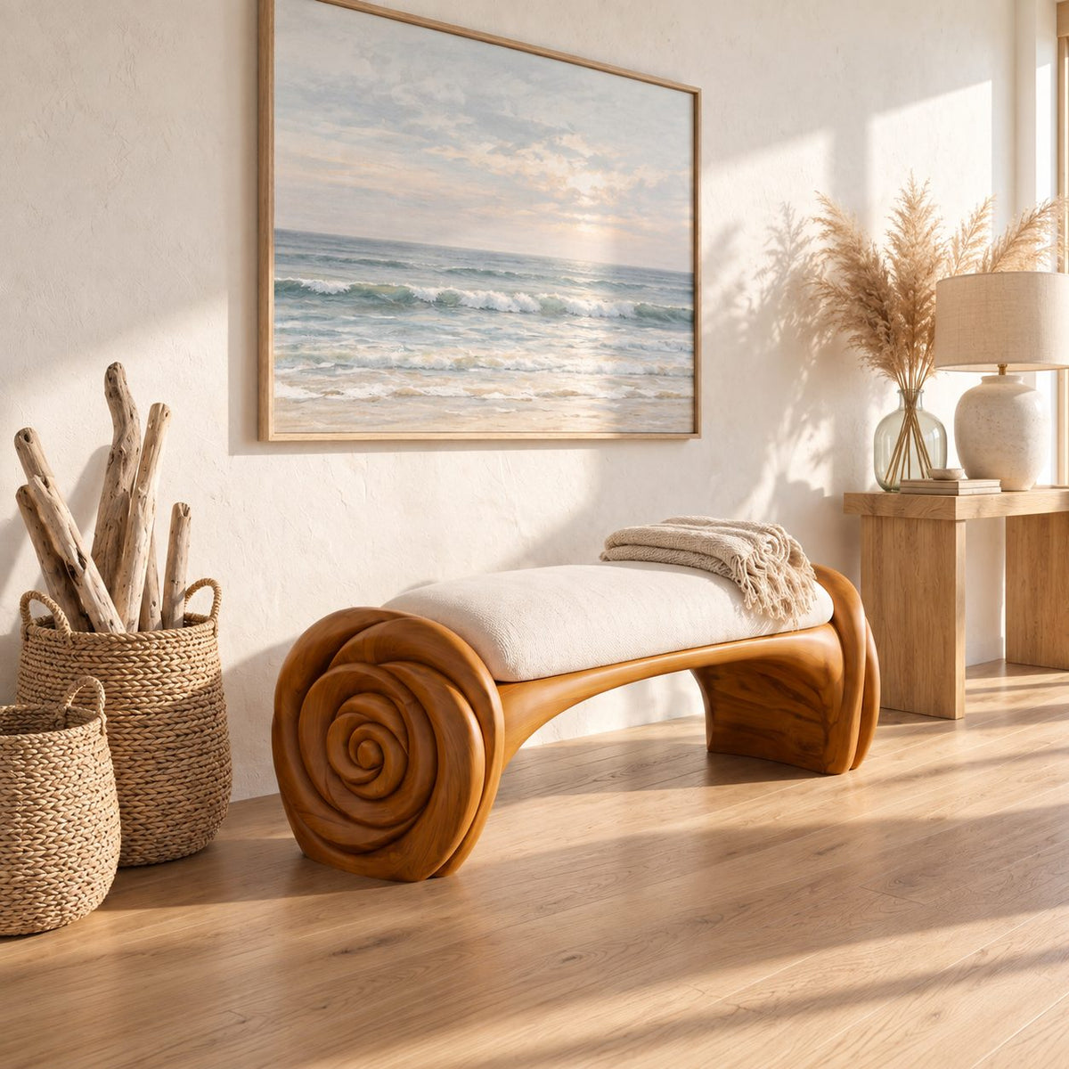 Carved Spiral Rosette Bench, Natural Solid Wood Accent Bench with Coiled Petal Ends