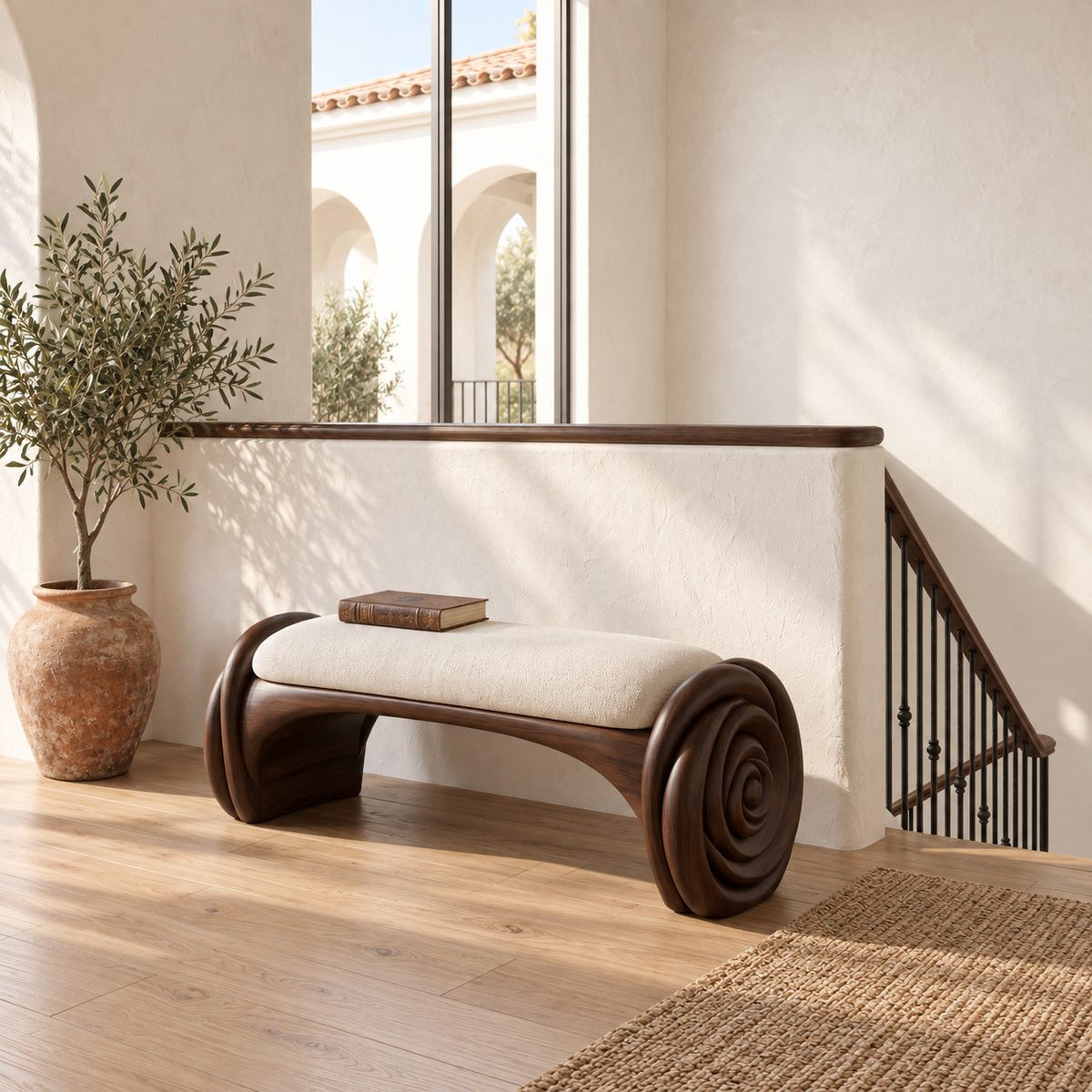 Carved Spiral Rosette Bench, Natural Solid Wood Accent Bench with Coiled Petal Ends