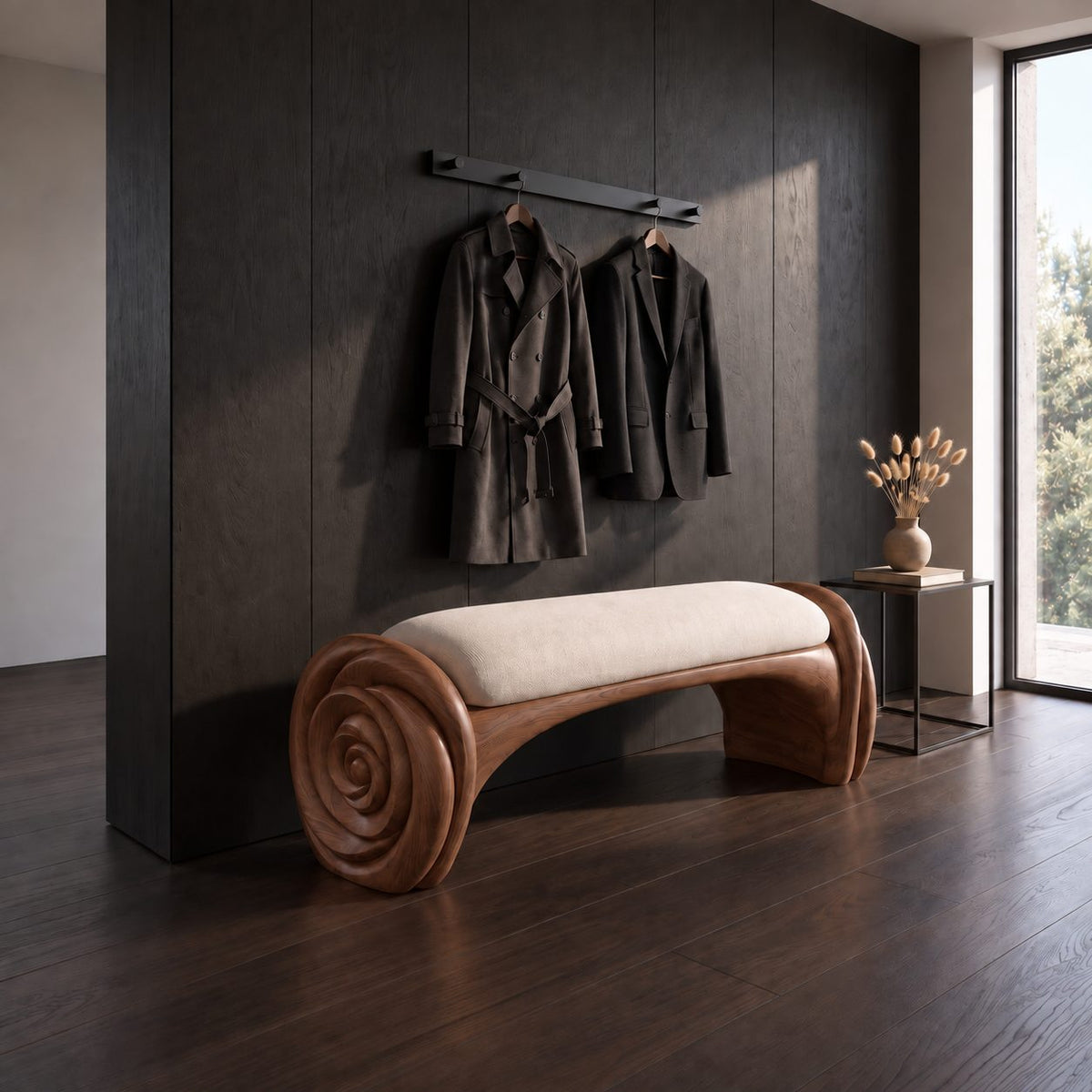 Carved Spiral Rosette Bench, Natural Solid Wood Accent Bench with Coiled Petal Ends