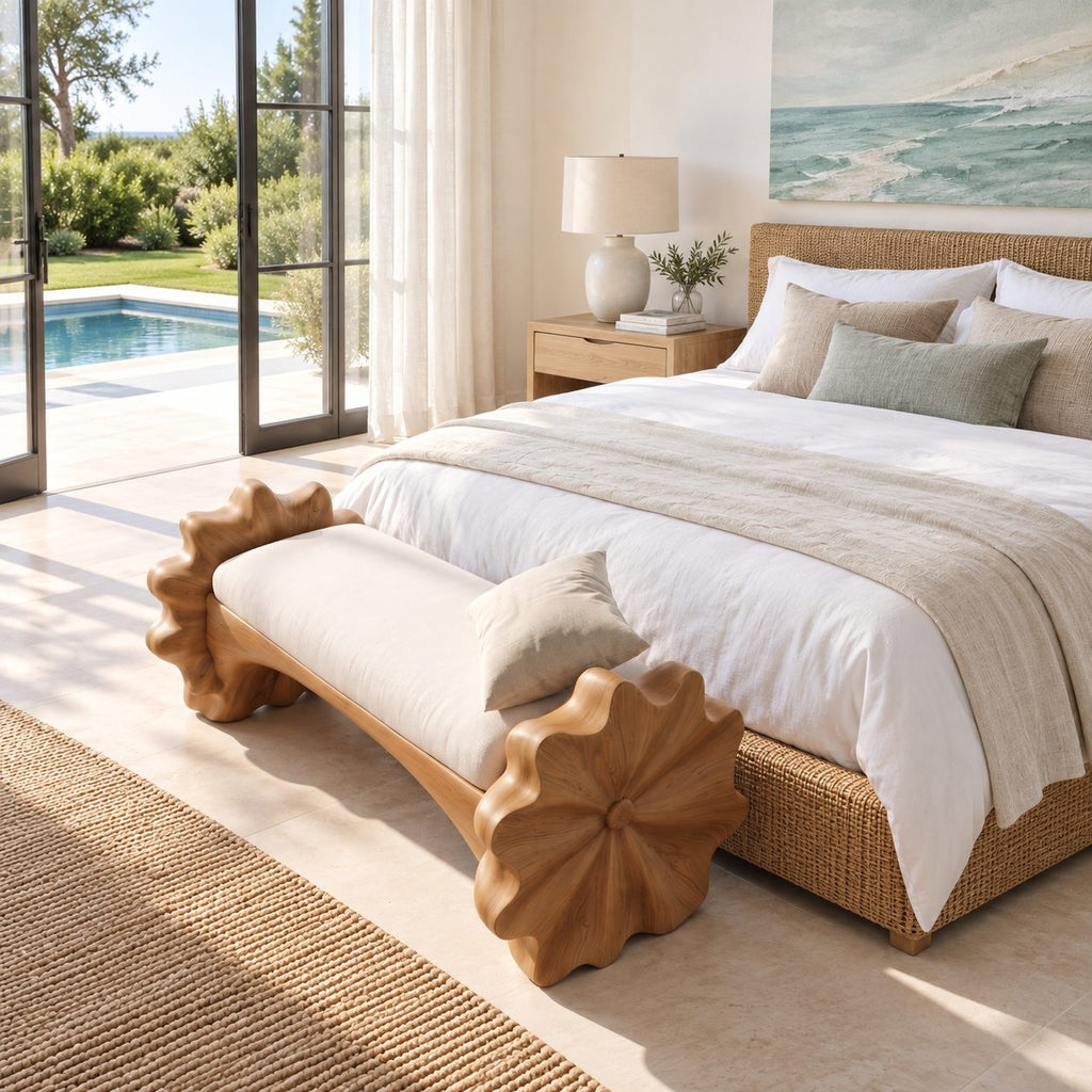 Ruffled Flower End Bench, Hand Carved Solid Wood Hallway and Bedroom Bench with Arched Seat