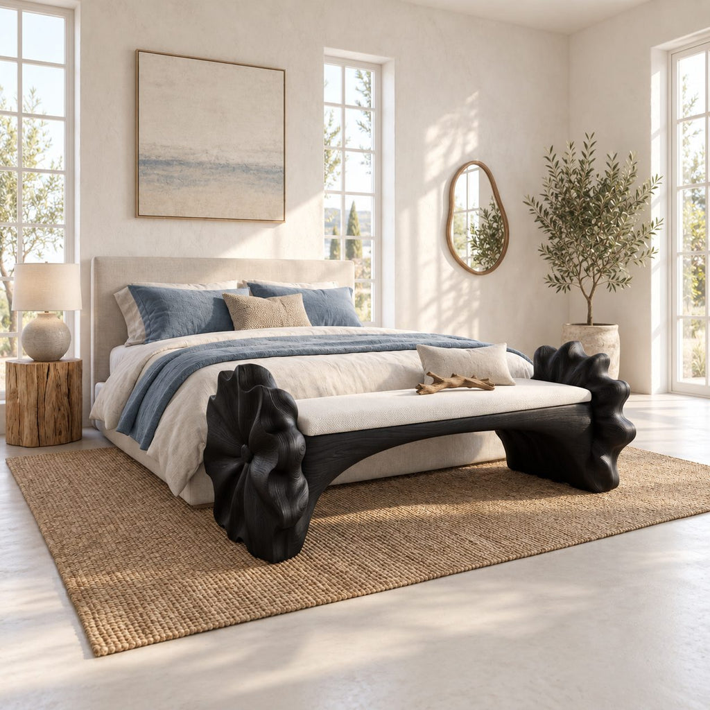 Ruffled Flower End Bench, Hand Carved Solid Wood Hallway and Bedroom Bench with Arched Seat