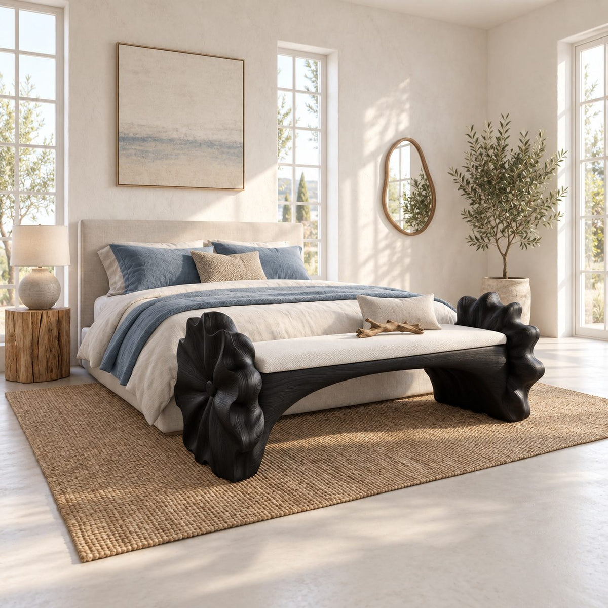 Ruffled Flower End Bench, Hand Carved Solid Wood Hallway and Bedroom Bench with Arched Seat