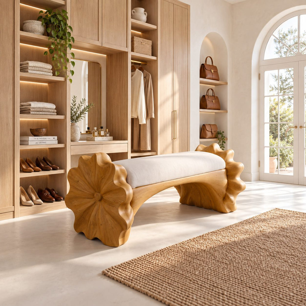 Ruffled Flower End Bench, Hand Carved Solid Wood Hallway and Bedroom Bench with Arched Seat