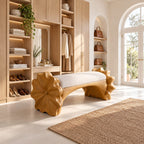 Ruffled Flower End Bench, Hand Carved Solid Wood Hallway and Bedroom Bench with Arched Seat