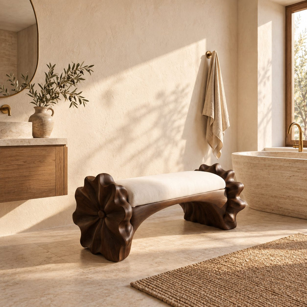 Ruffled Flower End Bench, Hand Carved Solid Wood Hallway and Bedroom Bench with Arched Seat