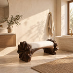 Ruffled Flower End Bench, Hand Carved Solid Wood Hallway and Bedroom Bench with Arched Seat