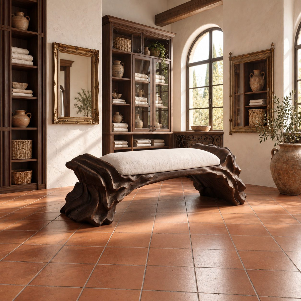 Layered Oyster Base Bench, Rugged Carved Solid Wood Reading Nook Bench with Ridged Organic Ends