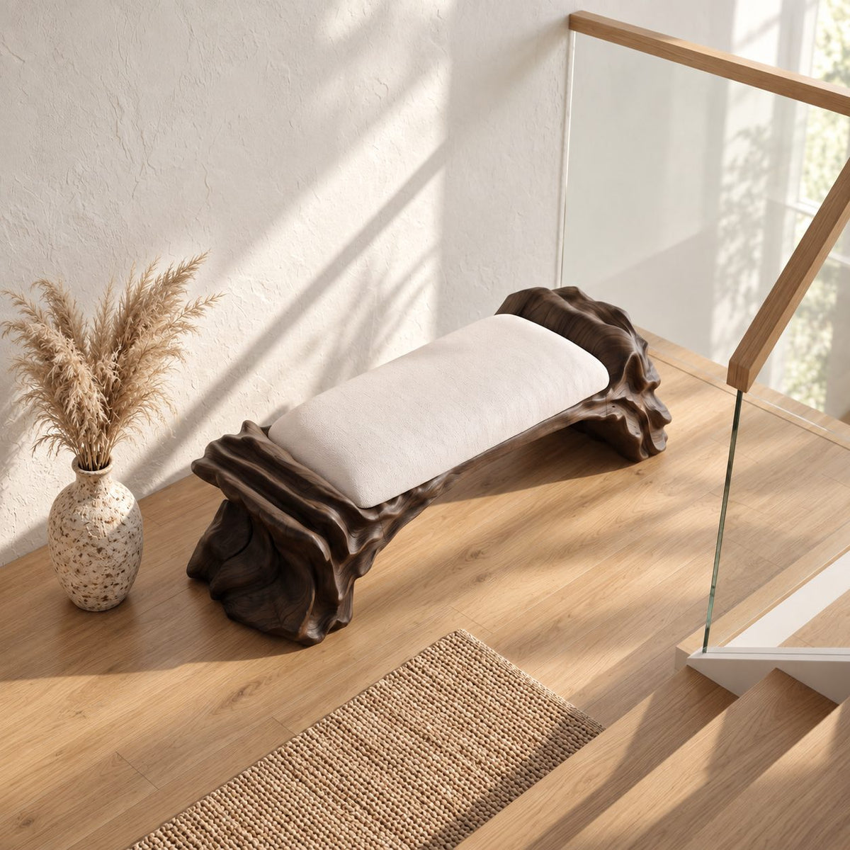 Layered Oyster Base Bench, Rugged Carved Solid Wood Reading Nook Bench with Ridged Organic Ends