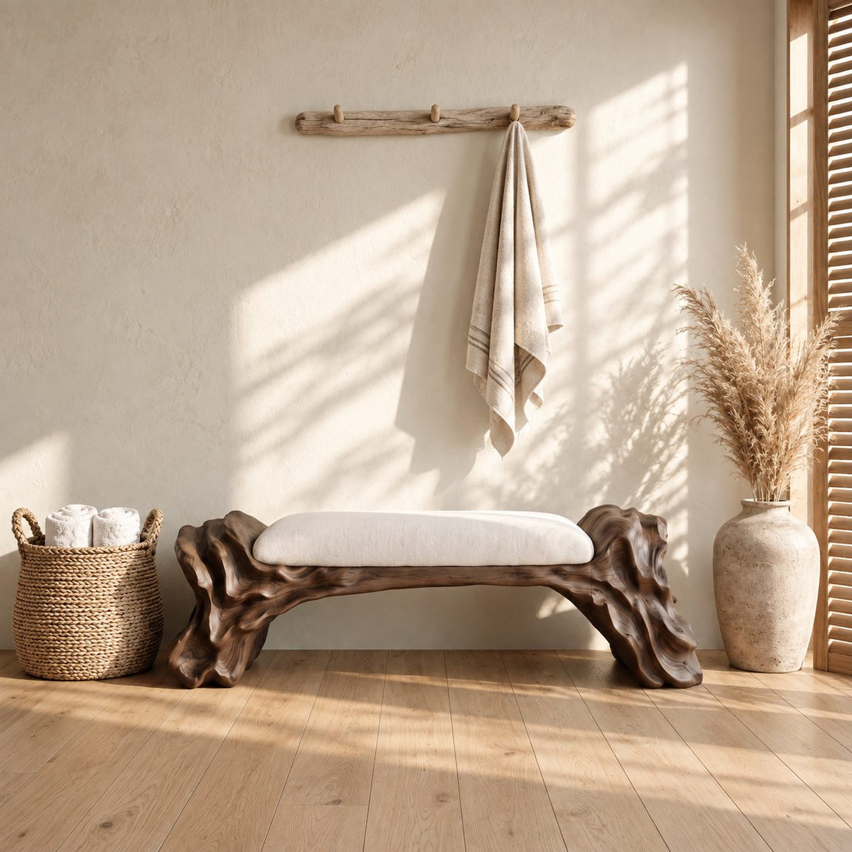 Layered Oyster Base Bench, Rugged Carved Solid Wood Reading Nook Bench with Ridged Organic Ends