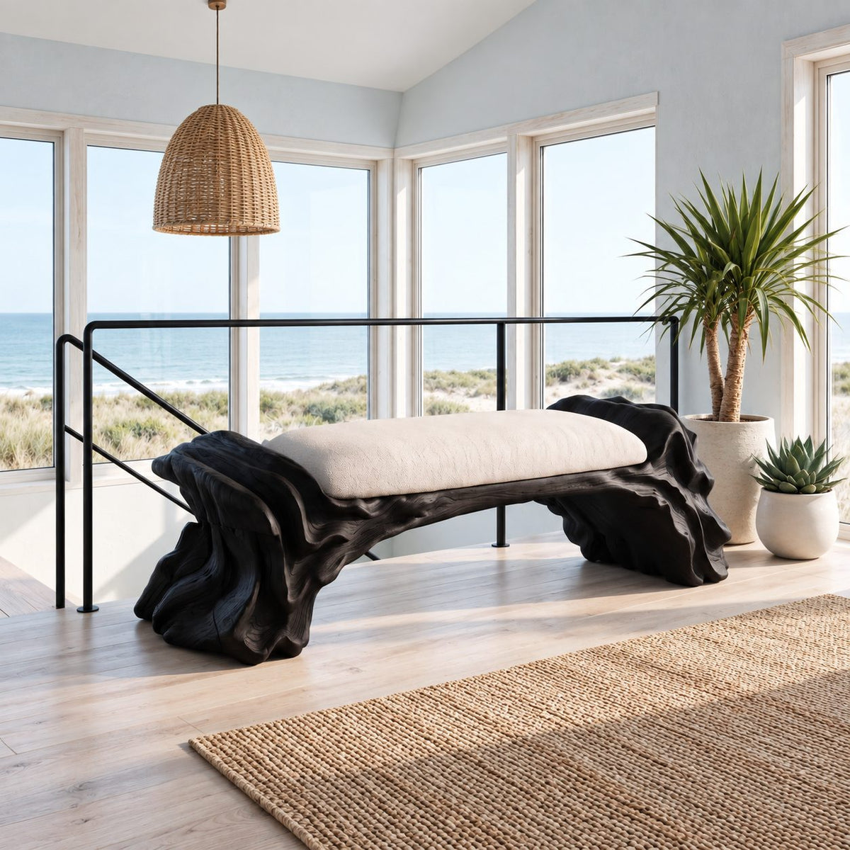 Layered Oyster Base Bench, Rugged Carved Solid Wood Reading Nook Bench with Ridged Organic Ends