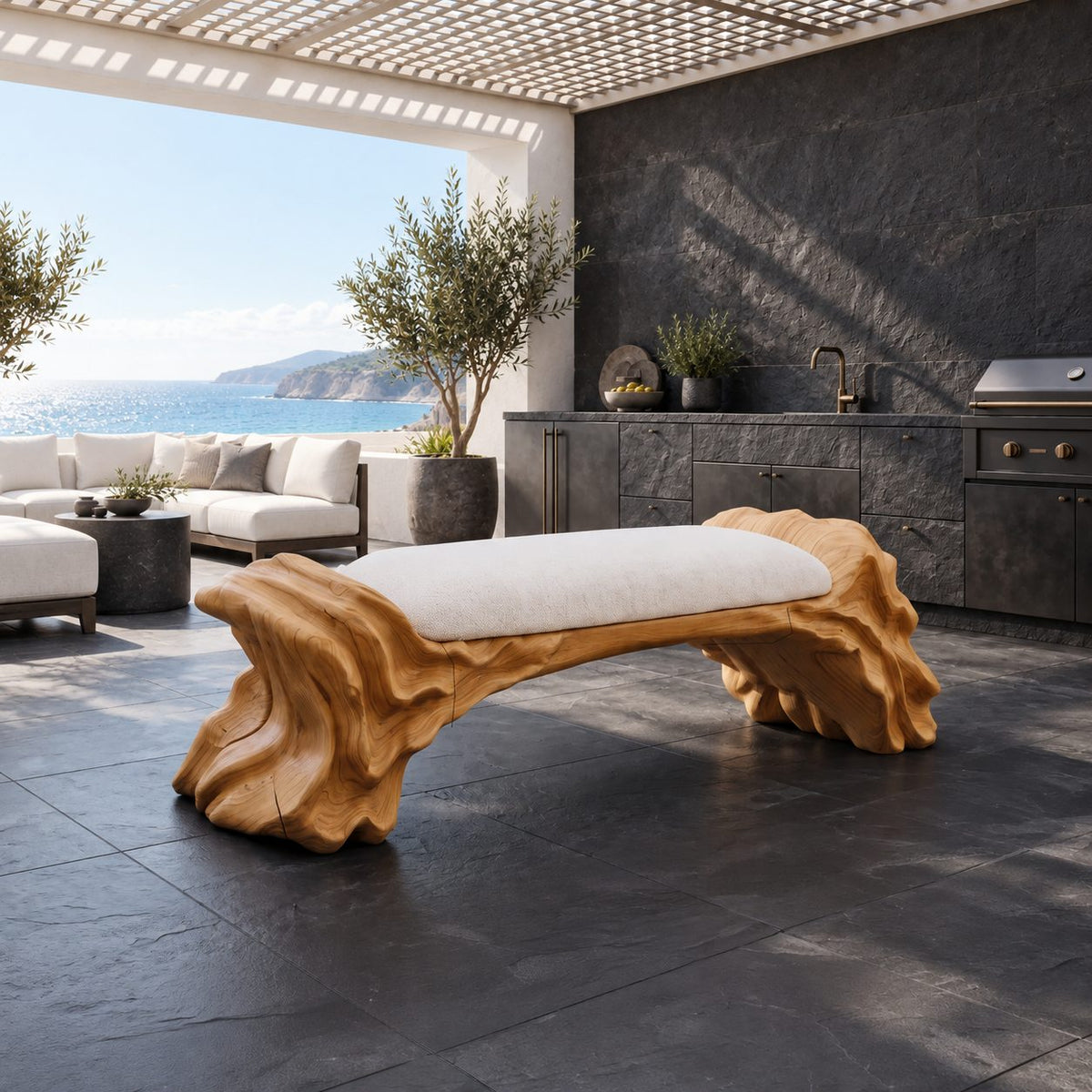 Layered Oyster Base Bench, Rugged Carved Solid Wood Reading Nook Bench with Ridged Organic Ends