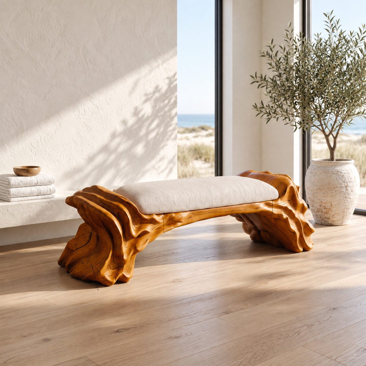 Layered Oyster Base Bench, Rugged Carved Solid Wood Reading Nook Bench with Ridged Organic Ends