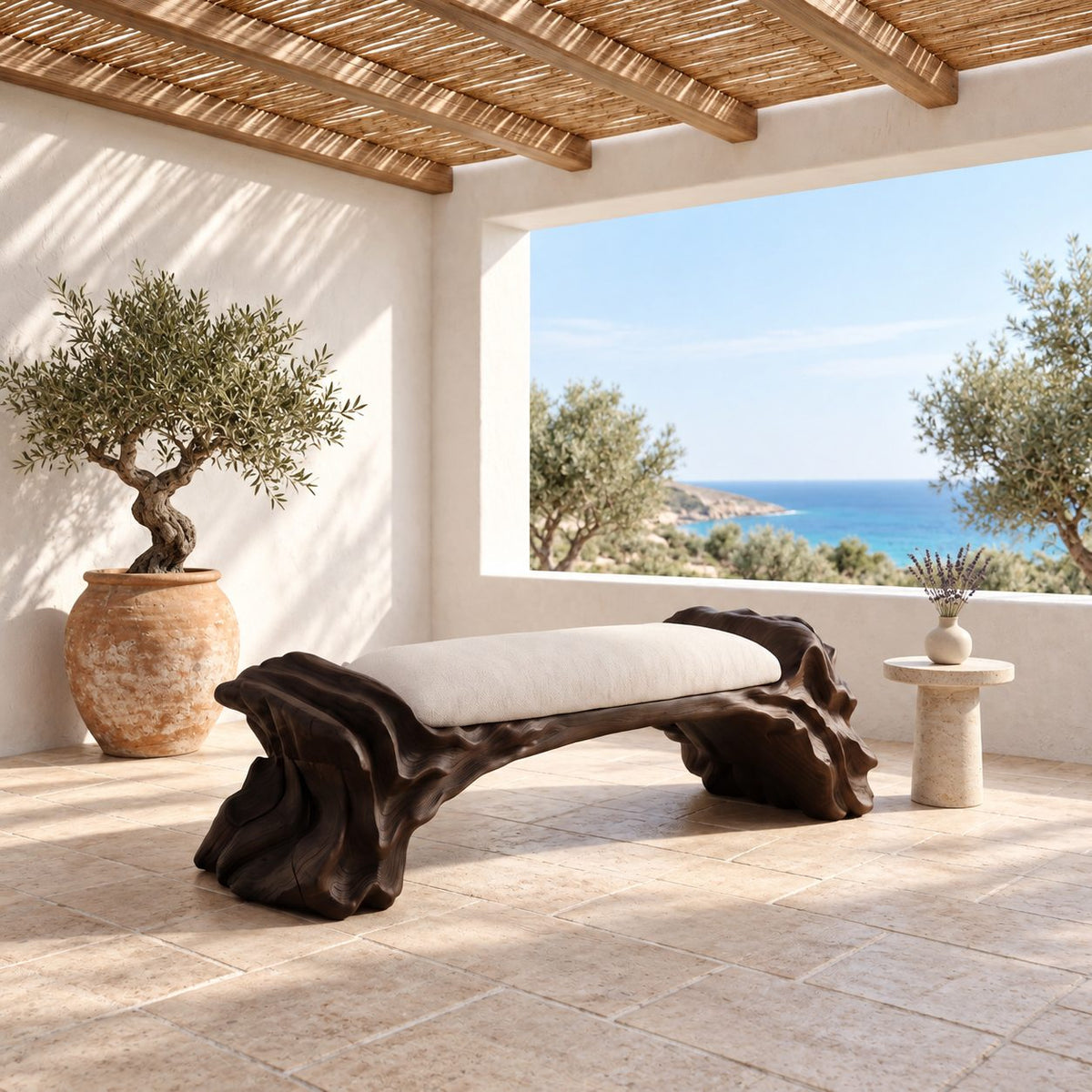 Layered Oyster Base Bench, Rugged Carved Solid Wood Reading Nook Bench with Ridged Organic Ends