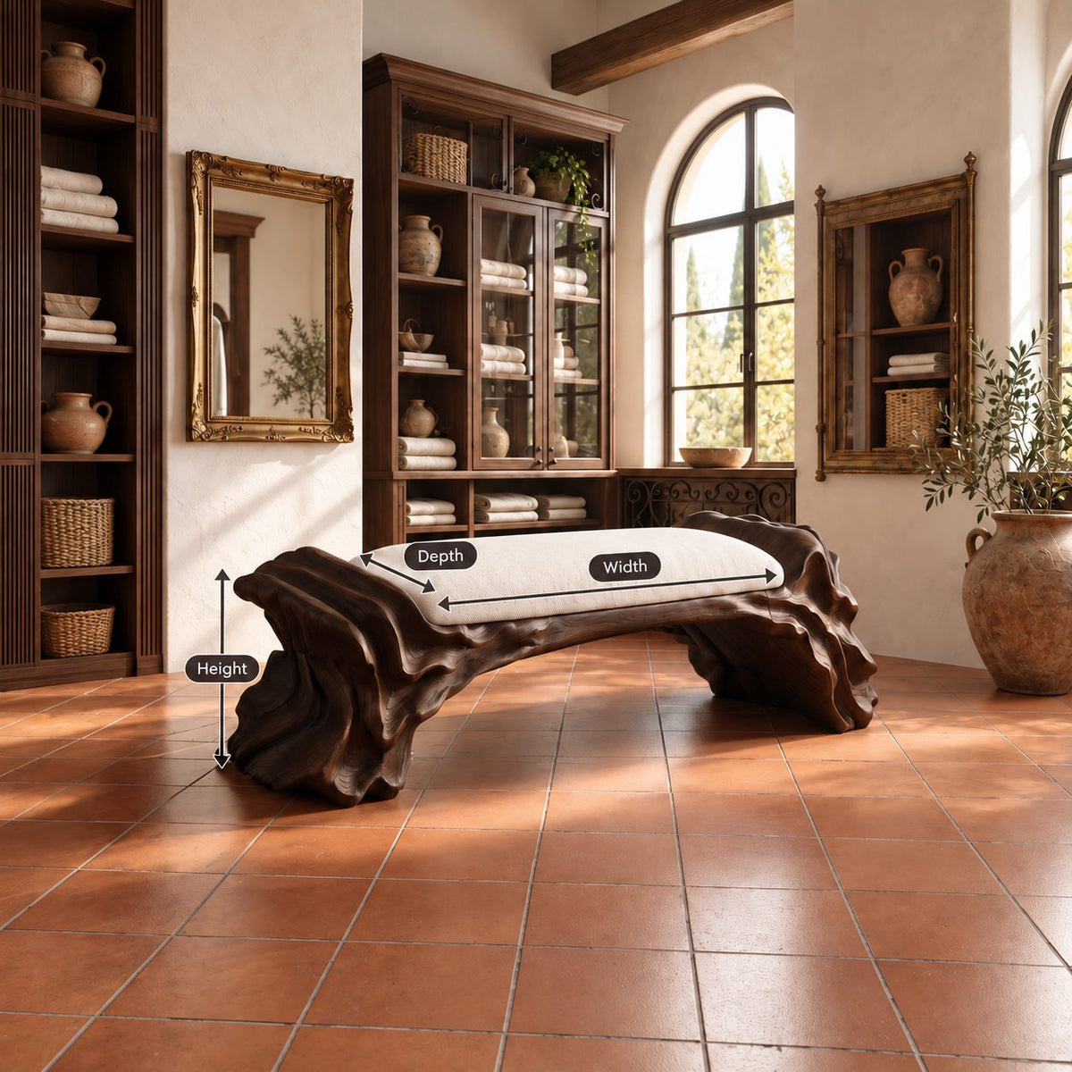 Layered Oyster Base Bench, Rugged Carved Solid Wood Reading Nook Bench with Ridged Organic Ends