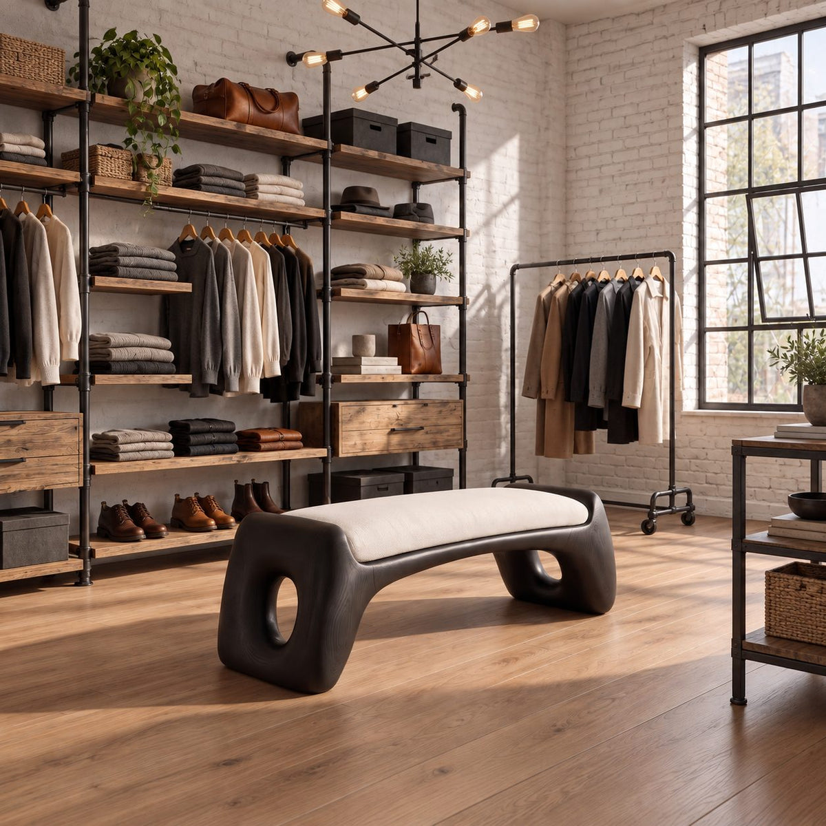 Oval Hole Block End Bench, Soft Sculptural Solid Wood Bench for Dressing Room and Walk In Closet
