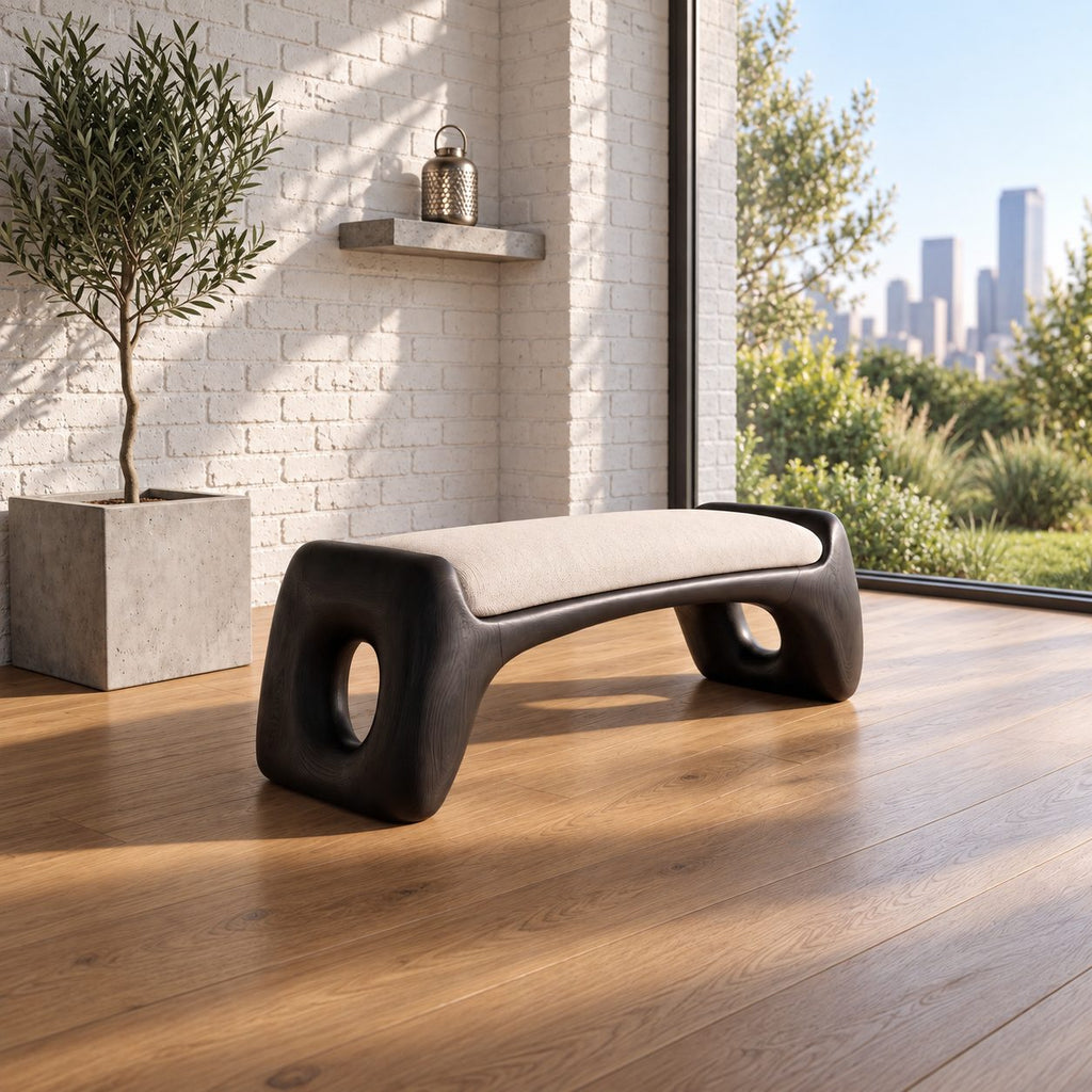 Oval Hole Block End Bench, Soft Sculptural Solid Wood Bench for Dressing Room and Walk In Closet