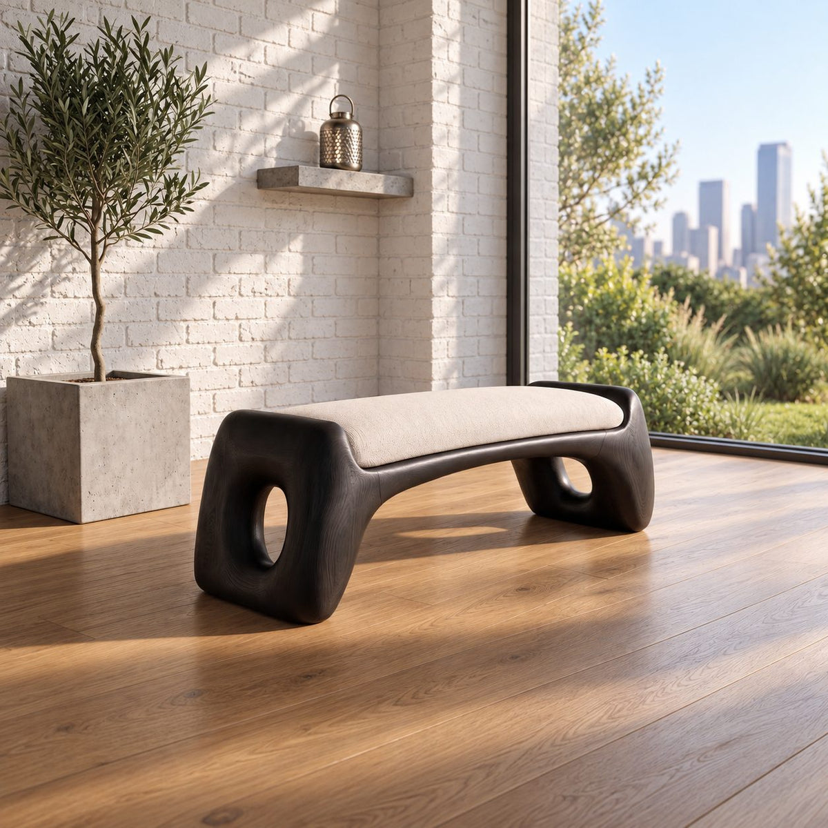 Oval Hole Block End Bench, Soft Sculptural Solid Wood Bench for Dressing Room and Walk In Closet