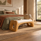 Oval Hole Block End Bench, Soft Sculptural Solid Wood Bench for Dressing Room and Walk In Closet