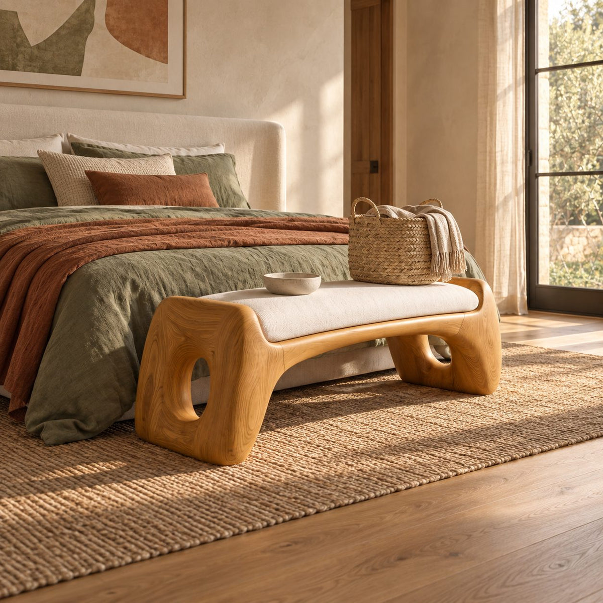 Oval Hole Block End Bench, Soft Sculptural Solid Wood Bench for Dressing Room and Walk In Closet