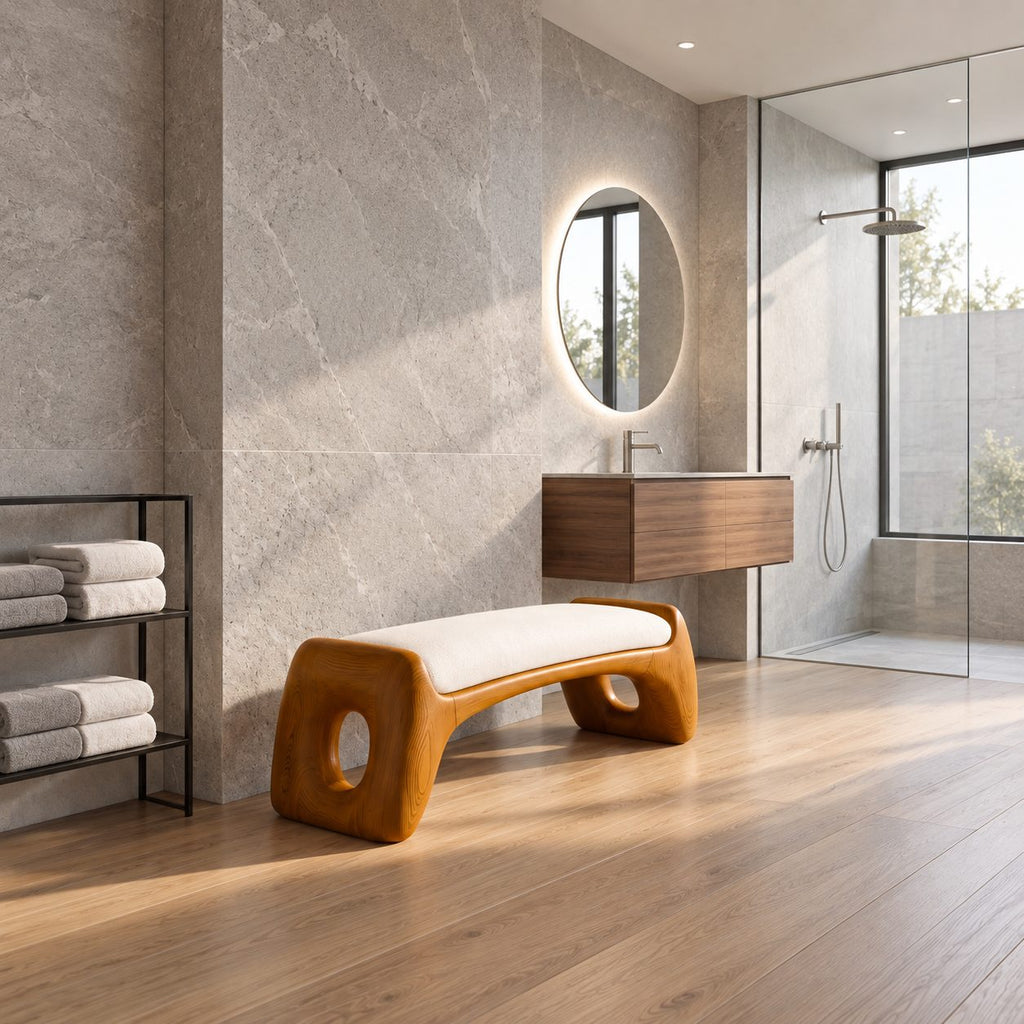 Oval Hole Block End Bench, Soft Sculptural Solid Wood Bench for Dressing Room and Walk In Closet