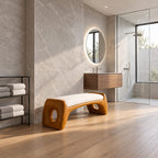 Oval Hole Block End Bench, Soft Sculptural Solid Wood Bench for Dressing Room and Walk In Closet