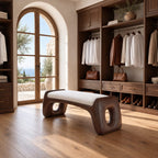 Oval Hole Block End Bench, Soft Sculptural Solid Wood Bench for Dressing Room and Walk In Closet