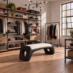 Oval Hole Block End Bench, Soft Sculptural Solid Wood Bench for Dressing Room and Walk In Closet