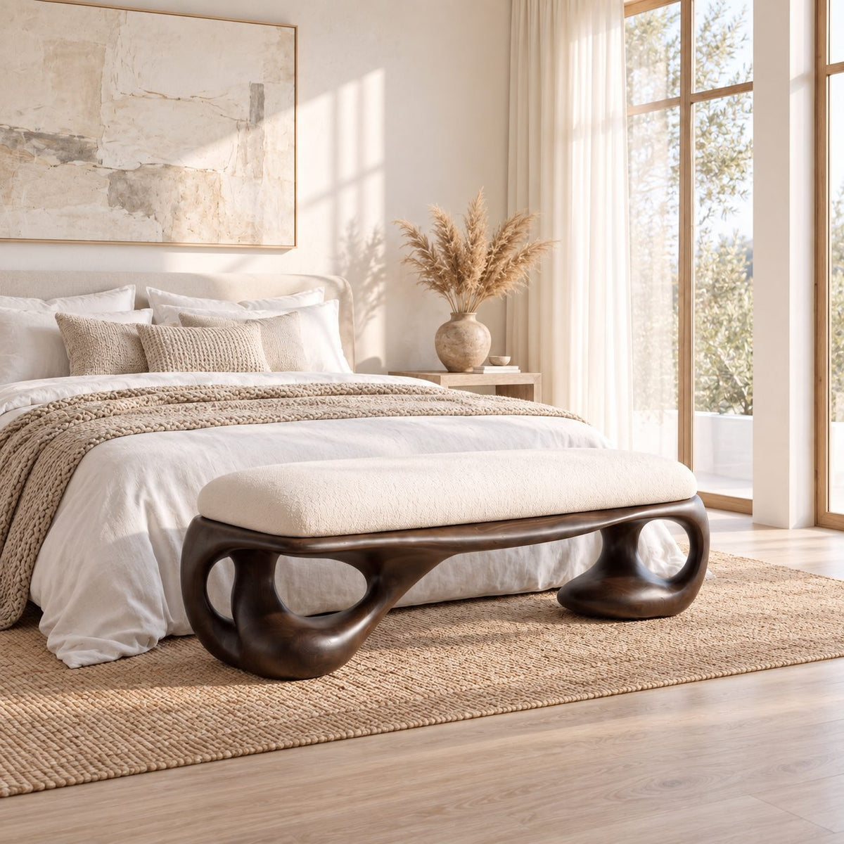 Organic Loop Frame Bench, Sculpted Solid Wood End of Bed Bench with Open Curved Base