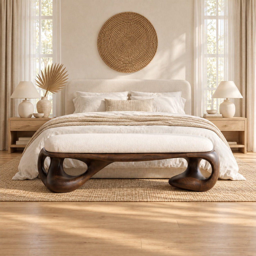 Organic Loop Frame Bench, Sculpted Solid Wood End of Bed Bench with Open Curved Base