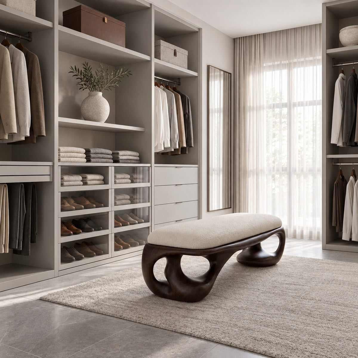 Organic Loop Frame Bench, Sculpted Solid Wood End of Bed Bench with Open Curved Base