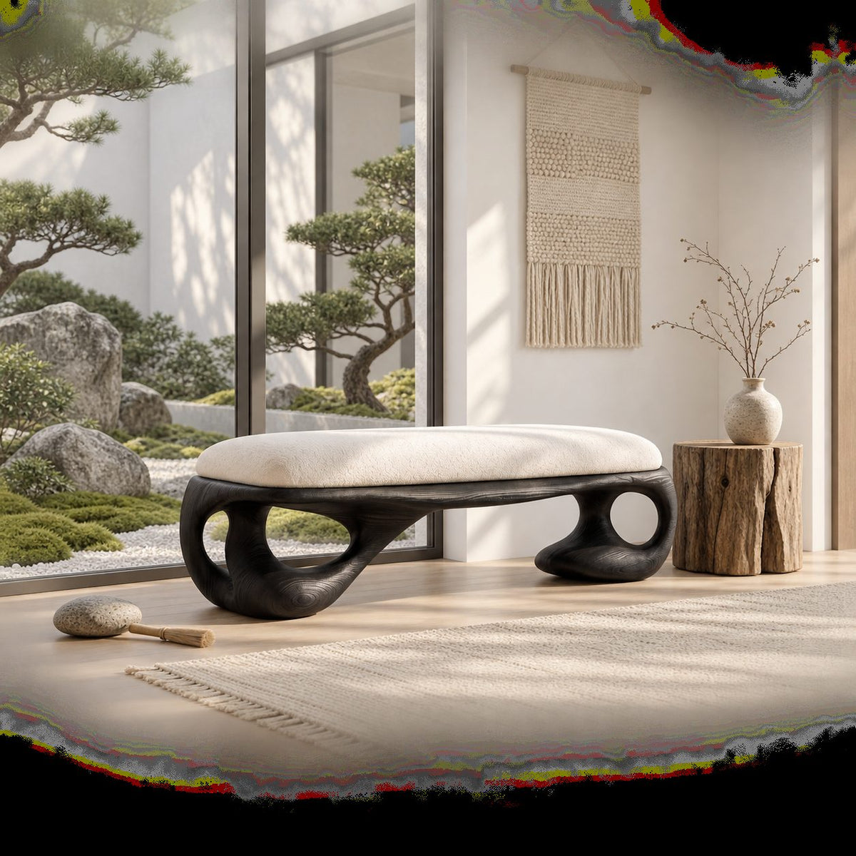 Organic Loop Frame Bench, Sculpted Solid Wood End of Bed Bench with Open Curved Base