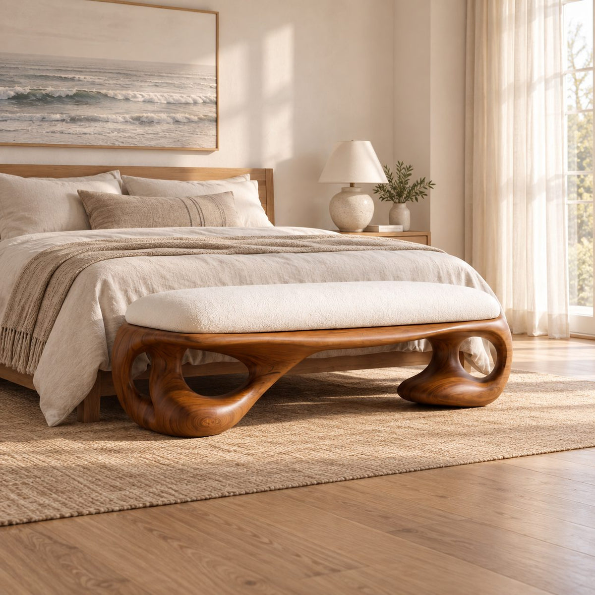 Organic Loop Frame Bench, Sculpted Solid Wood End of Bed Bench with Open Curved Base