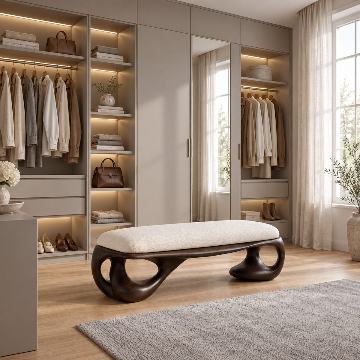 Organic Loop Frame Bench, Sculpted Solid Wood End of Bed Bench with Open Curved Base