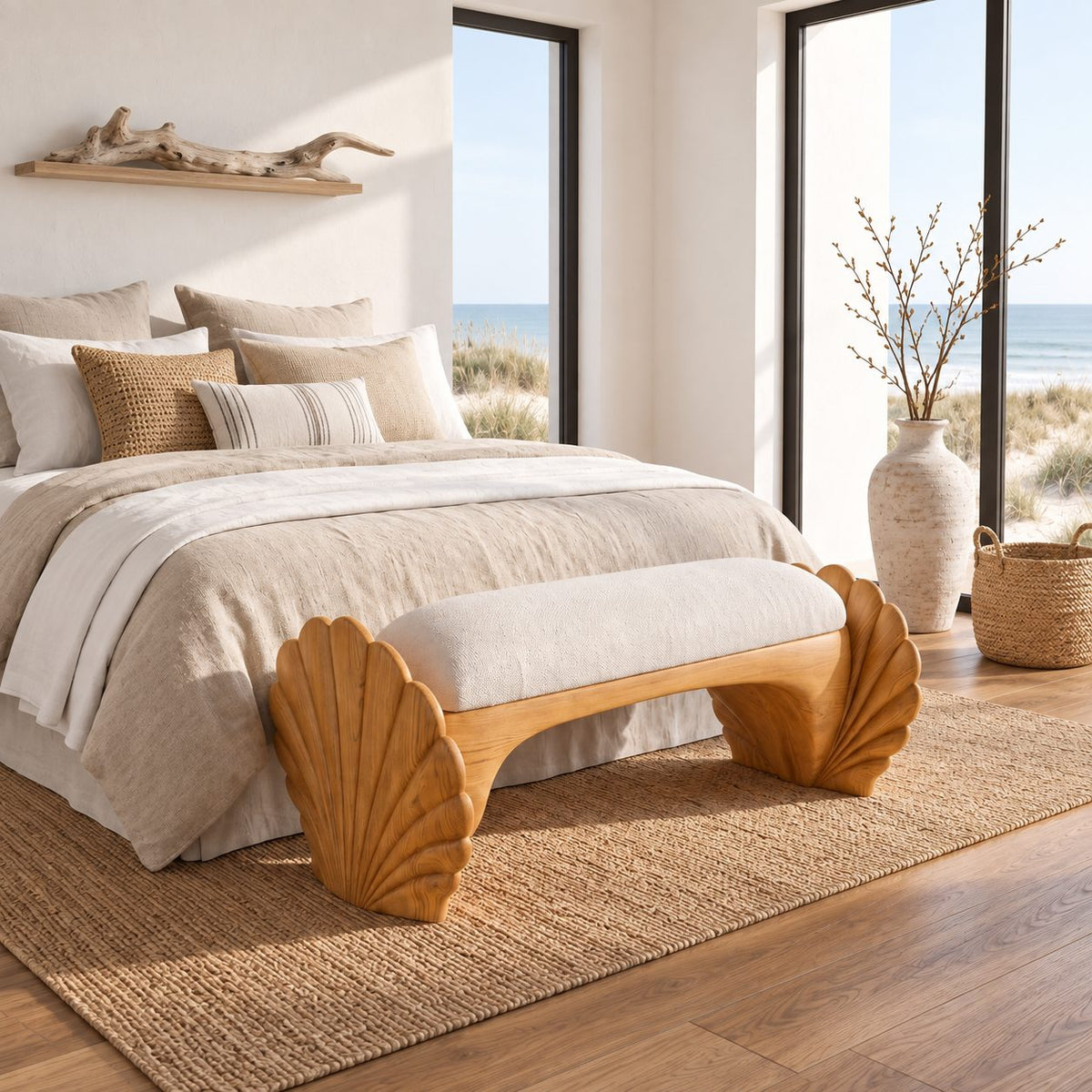 Scallop Shell End Bench, Carved Solid Wood Coastal Bedroom Bench with Arched Seat