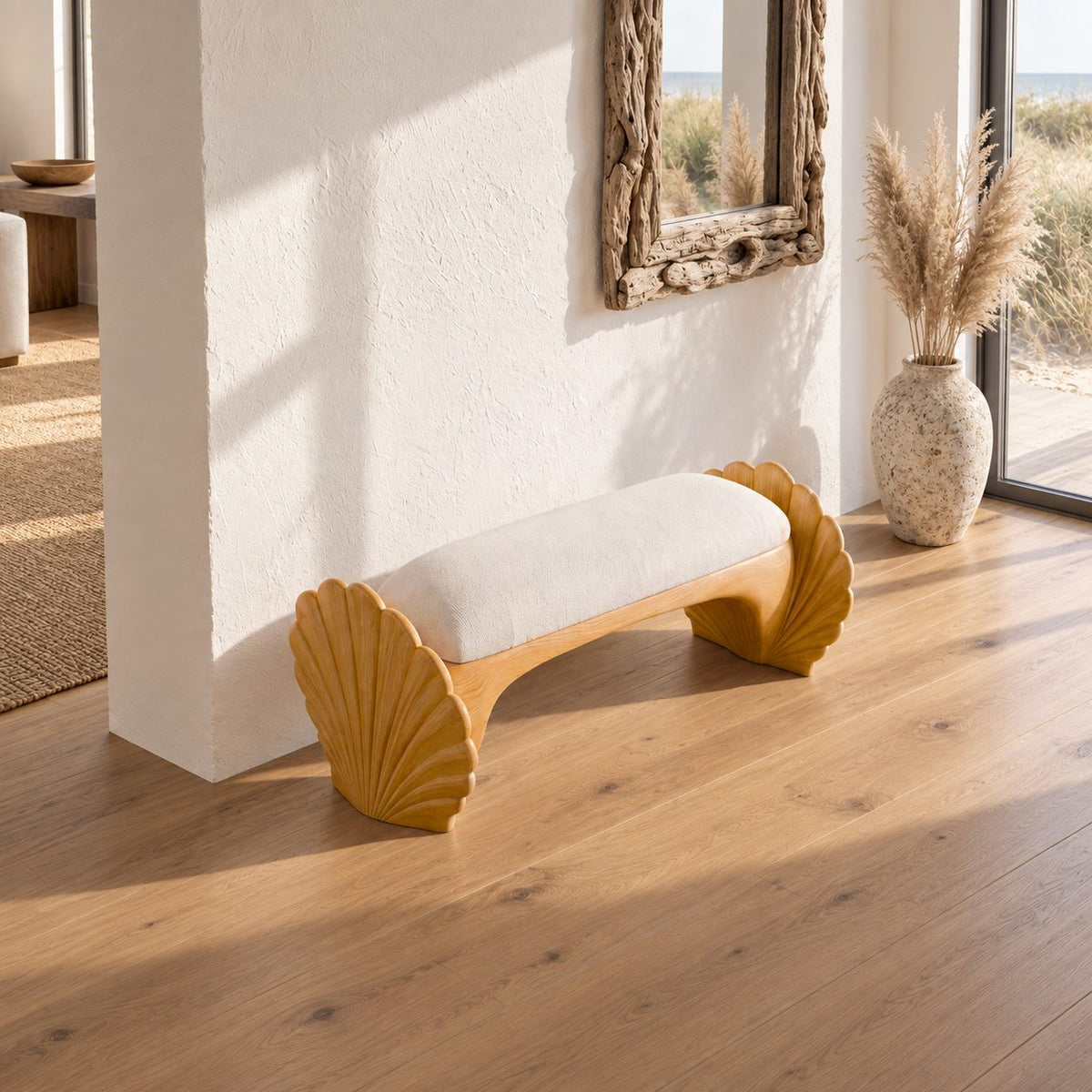 Scallop Shell End Bench, Carved Solid Wood Coastal Bedroom Bench with Arched Seat