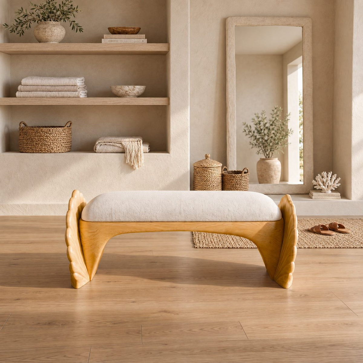 Scallop Shell End Bench, Carved Solid Wood Coastal Bedroom Bench with Arched Seat